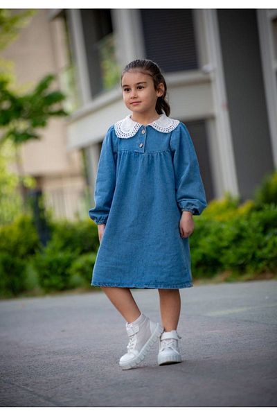 Lolliboomkids Baby Collar Long Sleeve Girl's Denim Dress