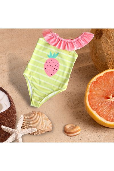 Lolliboomkids Girl's Strawberry Pattern Ruffle Collar Green Striped Pink Detailed Swimsuit New Season