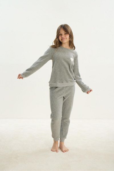 Sevim Polar Gray Melange Girl's Pajama Set - Long Sleeve Waiter C0T5N7O8