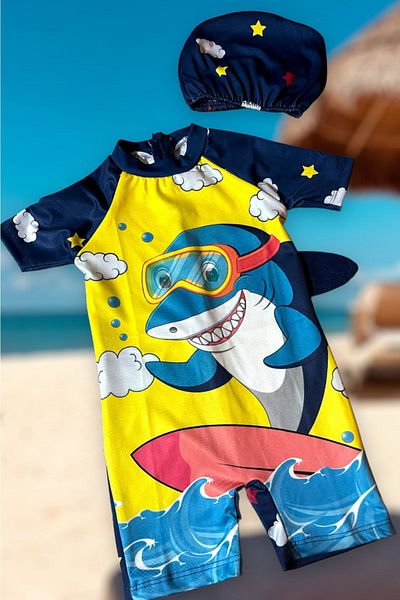 Lolliboomkids Boy Short Sleeve Back Zipper Surfer Shark Pattern Hipster Swimming Swimsuit Bonnet Gift