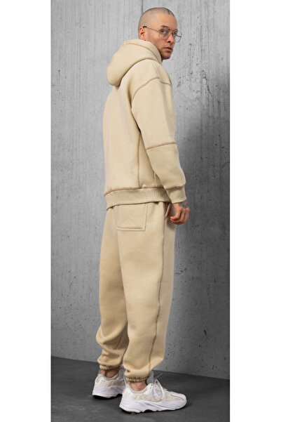 ibeeka New Season Men's Clothing Stone Color Reverse Stitching Detailed Kangaroo Pocket Style / Sporty Suit