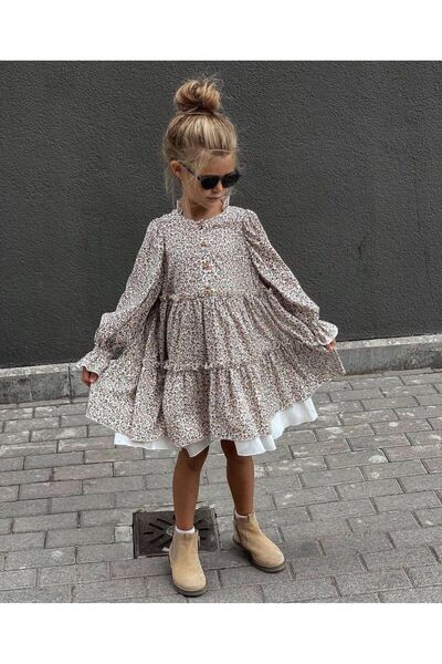Lolliboomkids Green Floral Patterned Girl's Dress -TrendyCoffee Tones
