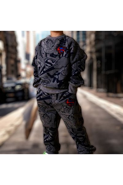 Lolliboomkids Boys Character Slogan Letter Printed Sweatshirt Tracksuit Set 2 Pieces Dark Color