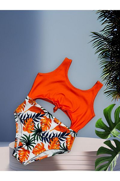 Lolliboomkids Girl's Belly Tie Detailed Orange Color Tropical Amazon Leaf Detailed Swimsuit / Mayokini