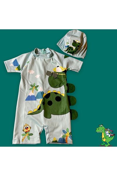Lolliboomkids Boy's Short Sleeve Back Zipper Cute Dinosaur Pattern Felt Detailed Hipster Swimming Swimsuit Bonnet Gift
