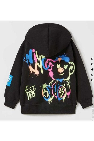 Lolliboomkids Unisex Children's 3 Thread Without Raising Black Graffiti Teddy Bear Print Pattern Detailed Sweatshirt