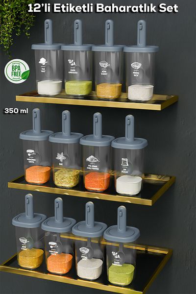 Porsima 1100 12-Piece Sliding Self-Spoon Sealed Lid Labeled Spice Rack Set - Storage Container