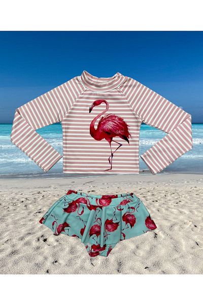 Lolliboomkids Girl's Sun Protection Long Sleeve Crop Top Mini Skirt Bikini Bottom Ruffle Bikini Set Flamingo