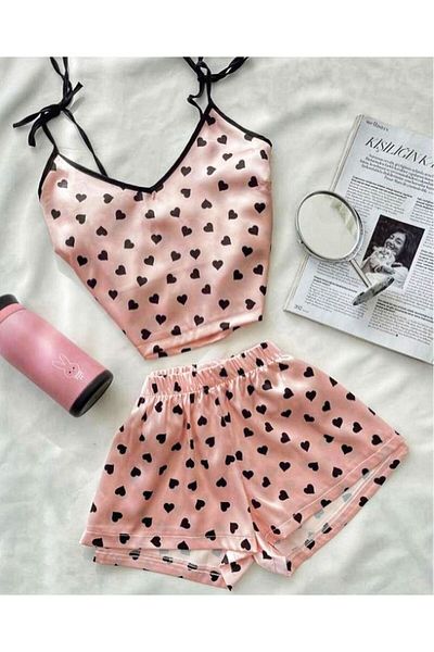 Lolliboomkids Satin-Pyjama-Set mit Herzmuster, bauchfreiem Oberteil, 4-Jahreszeiten-Pyjama-Set mit Trägern, bauchfreiem Top und Shorts, Heimkleidung