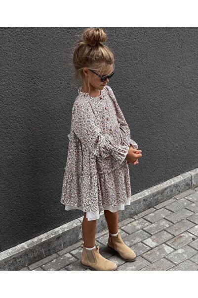 Lolliboomkids Зелена рокля за момиче с флорални шарки - модерни кафяви тонове