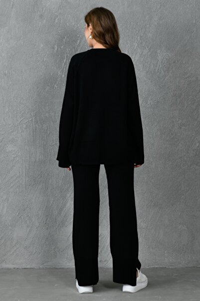 bayansepeti Flexible Black Knitwear - Split Oversize Set with Sweater and Trousers 1027