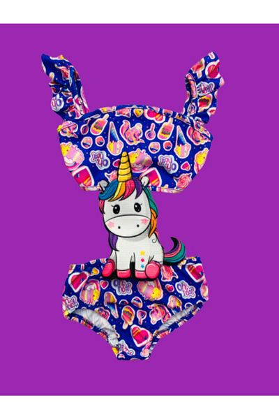 Lolliboomkids Costum de baie pentru fete, mov, unicorn, cu tema înghețată, cu mâneci de culoare violet, cu volane - costum de baie pentru sezonul final