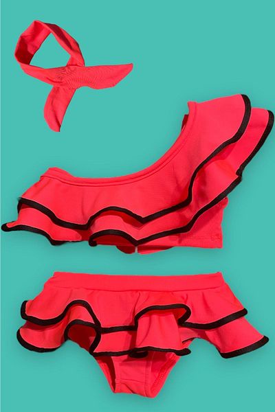 Lolliboomkids Girl's Neon Colors Pink Color One Shoulder Ruffle Bikini Set with Hair Band Gift Latest Fashion