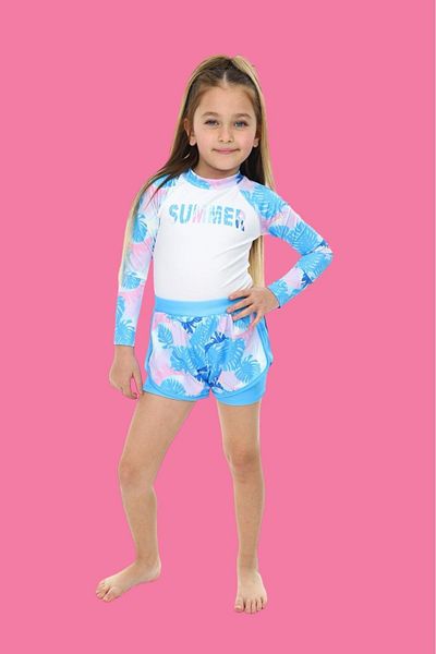 Lolliboomkids Sezon nou Colanți pentru piele sensibilă cu pantaloni scurți Set costum de baie cu mânecă lungă de culoare albastru și alb 2 piese