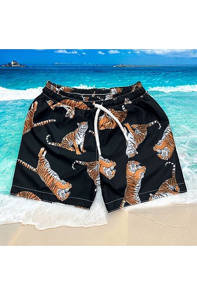 Lolliboomkids New Season Boys' Bengal Tiger Printed Waist Lace Up Shorts Swimsuit Mesh Full Fit