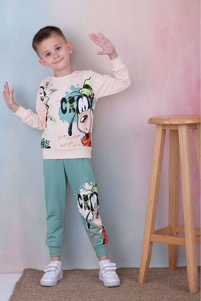 Lolliboomkids Σετ φόρμας για αγόρια New Season - Κρεμ χρώμα, στάμπα βενζίνης, κάτω και επάνω σετ
