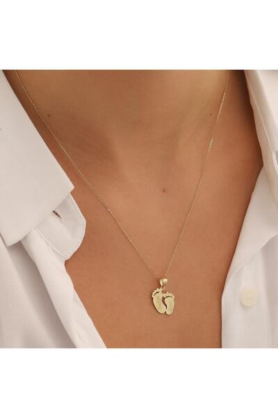 VeraDesignGold 14 Ayar Altın Anne Bebek Kolye, Kişiye Özel Bebek Ayakizi Kolye