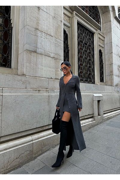 ibeeka New Season Maxi Length Knitwear Cardigan and Mini Skirt Set - Dark Gray Color
