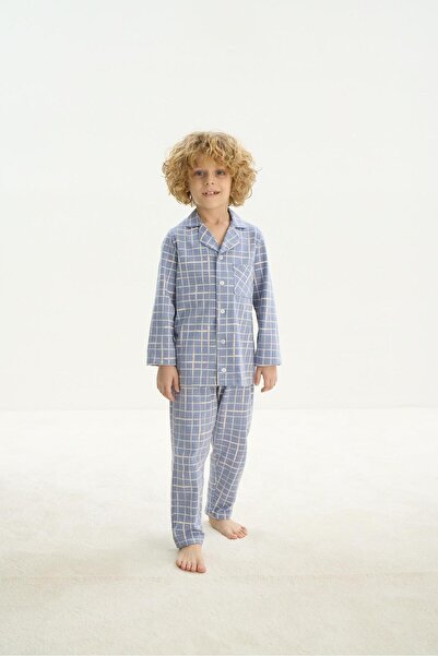 Sevim Boy's Blue Pajama Set - Long Sleeve, Front Button C8T4N7O8
