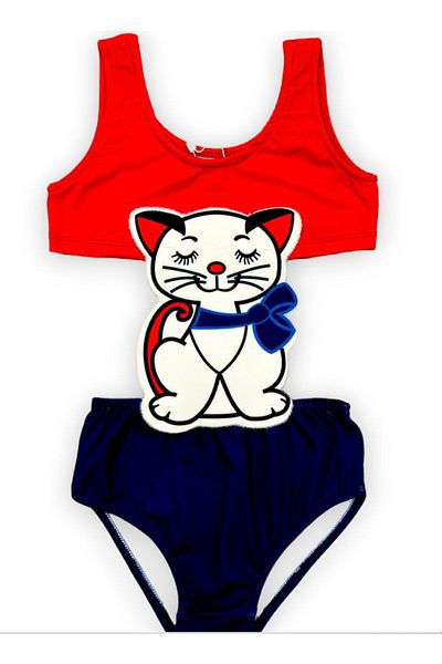Lolliboomkids Girl's Swimsuit with Cartoon Character Figures New Season Red Navy Blue with Cat Figure