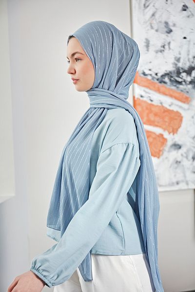 Scarf Şal din şifon cu sclipici argintiu albastru denim