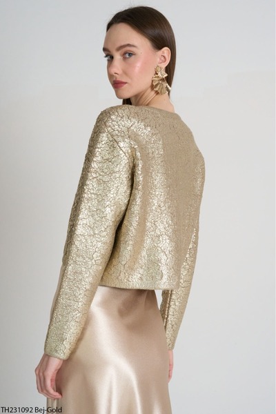 Zey Studio Women's Gold Crew Neck Scarf Detailed Knitwear Cardigan