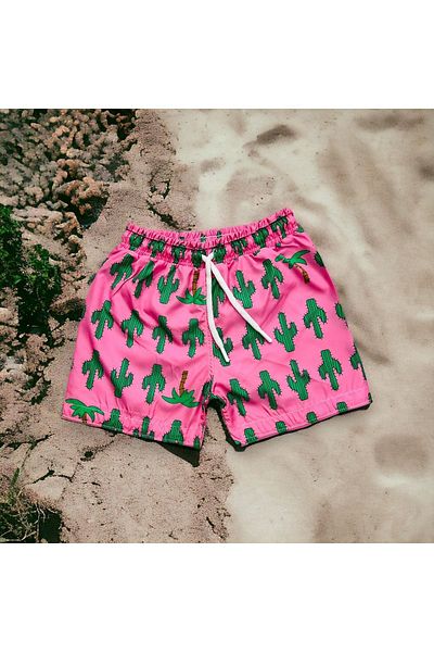 Lolliboomkids New Season Boy's Cactus με εμπριμέ ροζ πράσινο χρώμα με κορδόνια σορτς με πλέγμα πλήρες / κανονική εφαρμογή