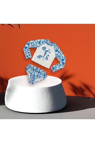 Lolliboomkids Κοριτσίστικη αντηλιακή προστασία με μακρυμάνικο μπλουζάκι με βολάν μπικίνι με μοτίβο αστεριών Sea Horse