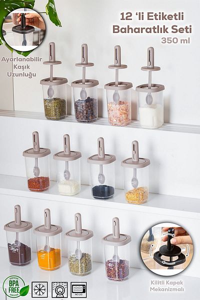 Porsima 1100 12-Piece Spice Bowl Set with Slide and Spoon and Leak-Proof Lid - Storage Container