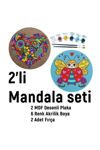 dudu ahşap 2'li Mandala Boyama Seti- Aile Etkinliği-2 Ham Mdf Plaka, 6 Renk B...