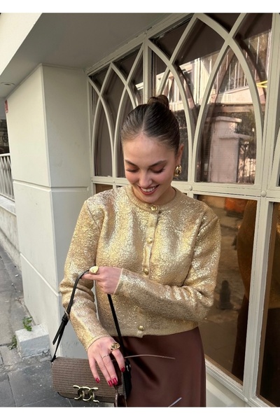 Zey Studio Women's Gold Crew Neck Scarf Detailed Knitwear Cardigan