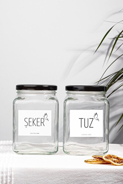 LALEZEN HOME Şeker & Tuz Etiketli 1000 ml Şeffaf Cam Kavanoz