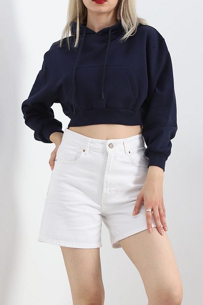 VELİZADE Hooded Kangaroo Pocket - Loose Cotton Three Thread Crop Sweatshirt 21391