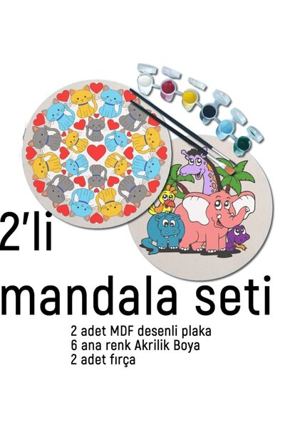dudu ahşap 2Li Mandala Boyama Seti- 2 DESENLİ PLAKA-6 RENK AKRİLİK BOYA-2 ADE...