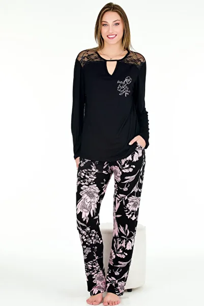 Jenny Daphne Rose Patterned Soft Viscose Pajama Set with Lace Detail - Long Sleeve 11668