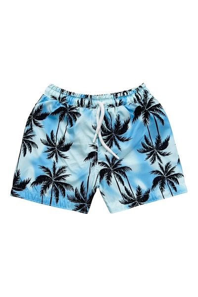 Lolliboomkids Costum de baie alb albastru cu imprimeu palmier pentru băiat - pantaloni scurți din plasă cu șireturi în talie