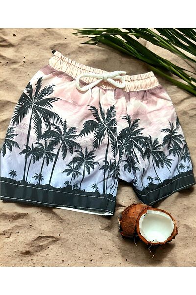 Lolliboomkids Costum de baie pentru băiat, culoare pastel, cu model palmier, cu talie elastică, pantaloni scurți din plasă