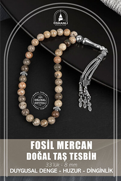 OSMANLI DOĞAL TAŞ مسبحة من الحجر الطبيعي المرجاني الأحفوري 8 مم - 33 قطعة