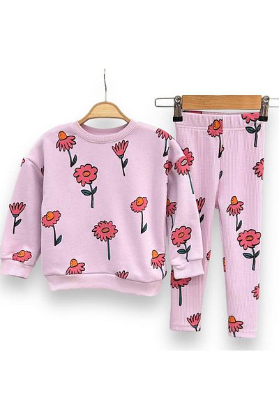 Lolliboomkids Girl's Pale Lilac Color Floral Print Pattern Ribbed Tights Sweatshirt 2-Piece Set