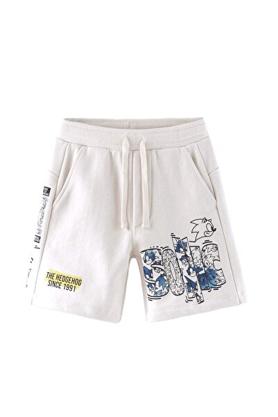 Lolliboomkids Boy's Sega Super Sonic Printed Ecru Color Oversize T-shirt Bermuda Shorts Set