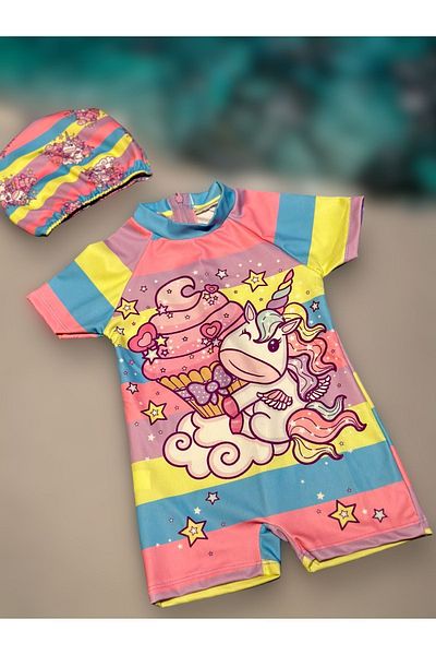 Lolliboomkids Colorful Back Zippered Half Body Sun Protection Swimsuit Set