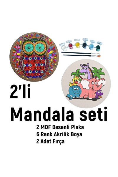 dudu ahşap 2'li Mandala Boyama Seti- Aile Etkinliği-2 Ham Mdf Plaka, 6 Renk B...