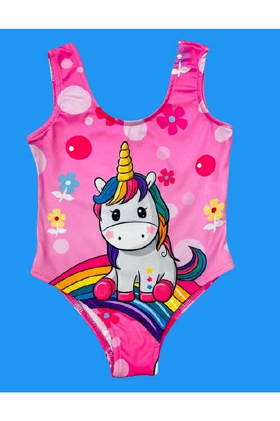 Lolliboomkids Girl's Floral Cute Unicorn Themed Pink Color Strappy Swimsuit