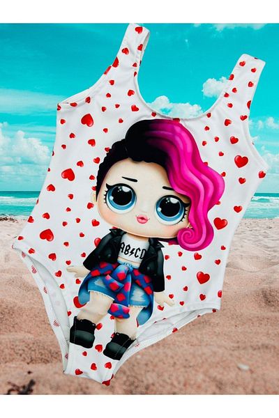 Lolliboomkids Κορίτσι - Punk Lol Rocker Boi Print White Heart μαγιό με μωβ μαλλιά