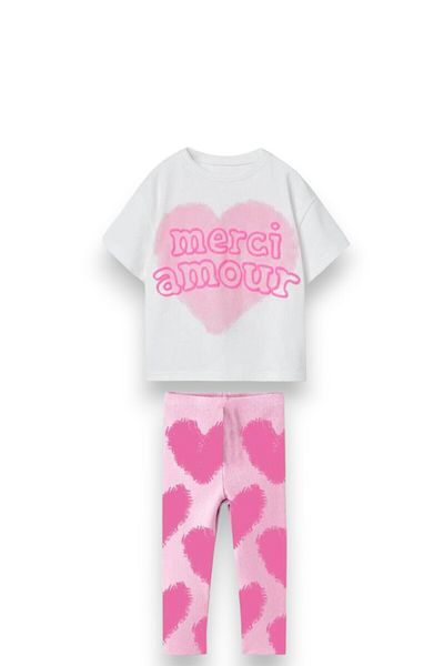 Lolliboomkids Tricou cu model de inimă pentru fete de sezon nou - Colanți 2 piese Set de jos și de sus