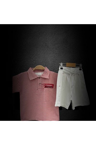 Lolliboomkids New Season Red Striped Polo Collar T-shirt Ecru Bermuda Shorts Set Set of 2