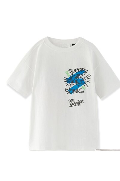 Lolliboomkids Boy's Sega Super Sonic Printed Ecru Color Oversize T-shirt Bermuda Shorts Set