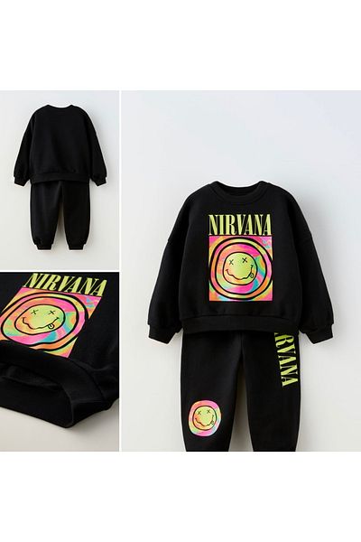 Lolliboomkids Set de jos și de sus Nirvana imprimat pe culoarea neagră