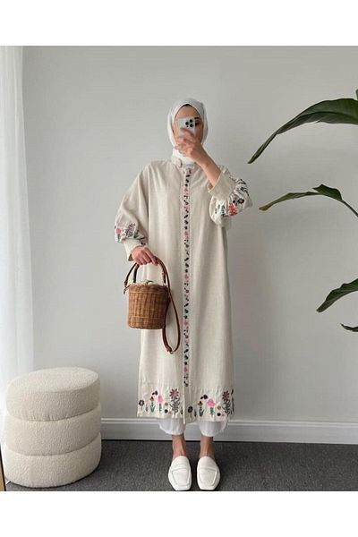 Lavanta Tekstil Κεντημένο Hijab Kimono Φόρεμα Μπεζ Λινό