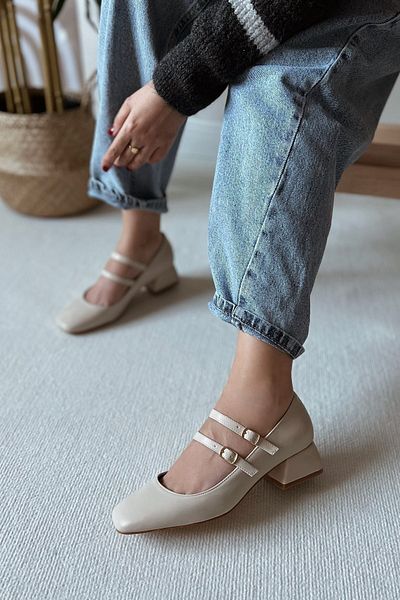 POLKA STORE Women's Mary Jane Beige Matte Leather Back Closed Double Band Square Toe Short Block Heeled Shoes with Hard Hat